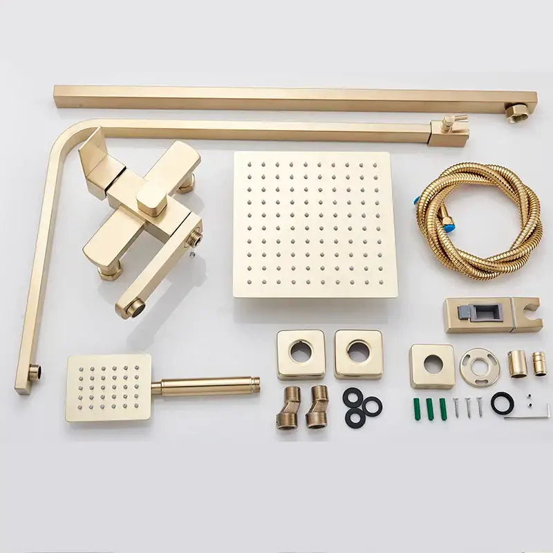 Brushed gold shower mixer with square rainfall head and handheld spray from decorbites for modern bathroom decor