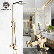 Brushed gold stainless steel shower mixer with square rainfall head and handheld spray by decorbites