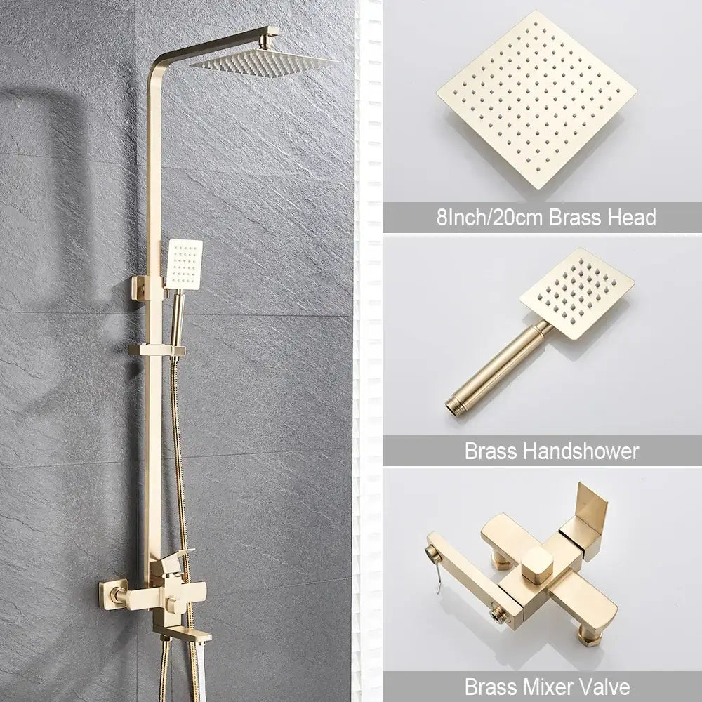 Brushed gold shower mixer with rainfall head and handheld spray made of brass for elegant bathroom decorbites design