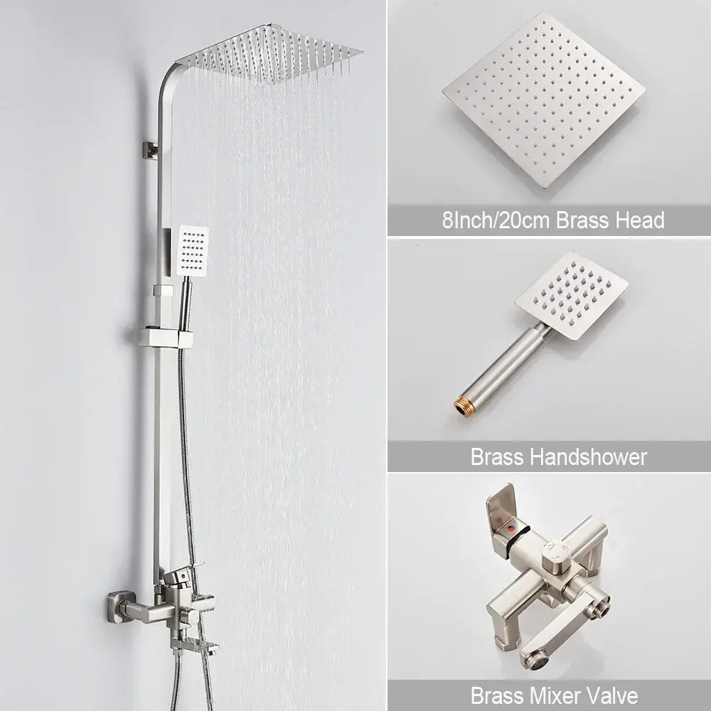 Brushed gold shower mixer set with stainless steel square rain shower head and matching brass handheld spray by decorbites