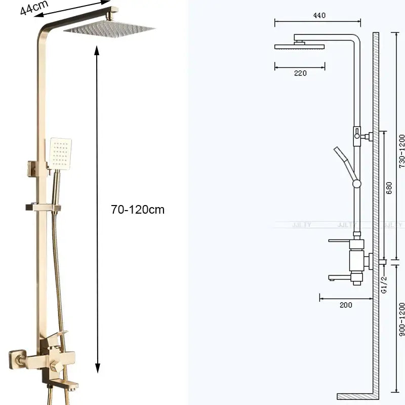 Brushed gold shower mixer with rainfall head and handheld spray featuring square rainhead and adjustable height decorbites brushed gold