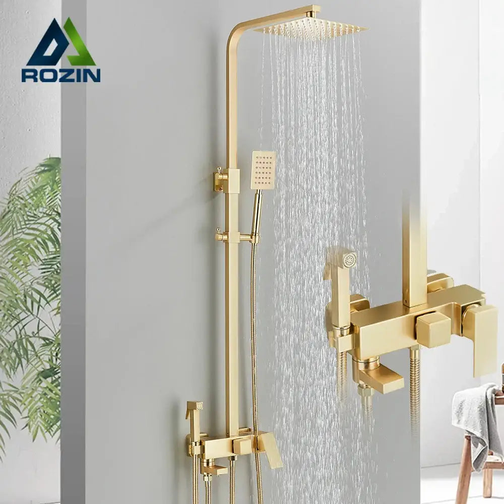 Brushed gold shower set with square rainhead handheld spray and wall-mounted bidet mixer from decorbites brushed gold collection