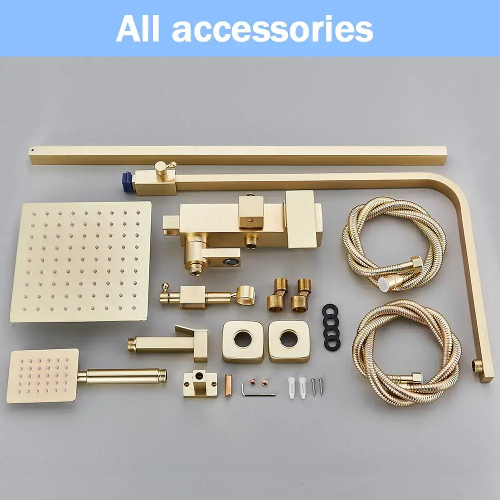 Brushed gold shower set with square rainhead bidet mixer tap and flexible braided hoses by decorbites brass finish