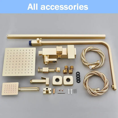 Brushed gold shower set with square rainhead bidet mixer tap and flexible braided hoses by decorbites brass finish