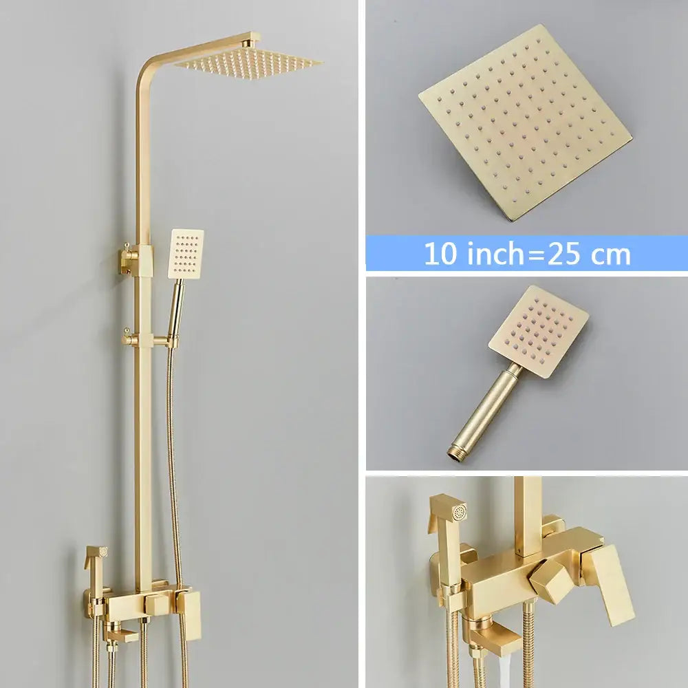 Brushed gold shower set with a gold-finished square rain shower head featuring multiple spray nozzles decorbites brushed gold