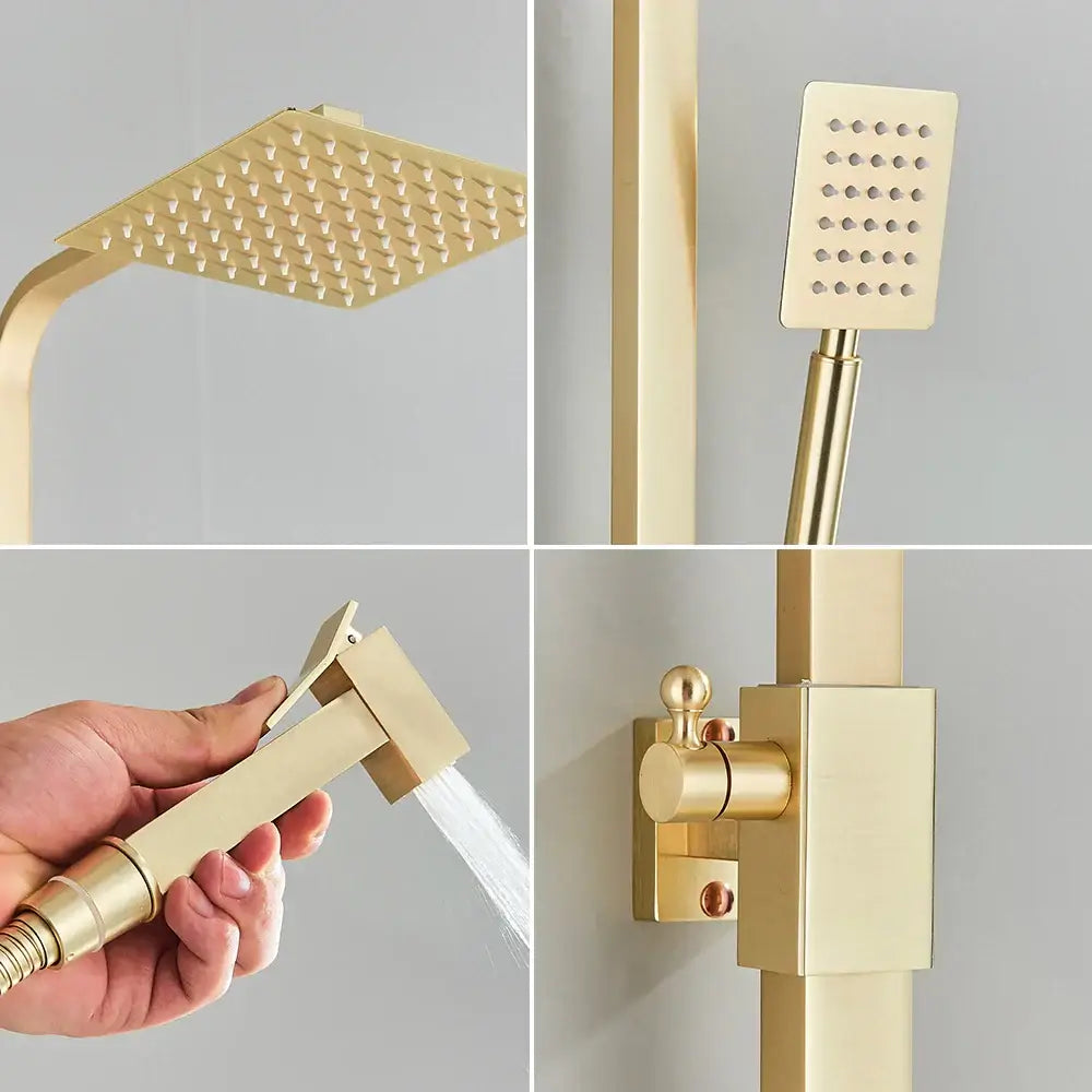 Brushed gold shower set with square rainhead handheld sprayer and wall-mounted bidet mixer tap by decorbites