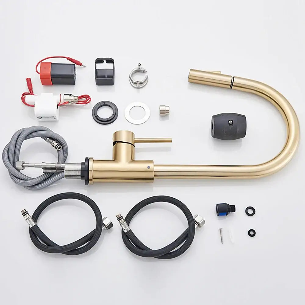 Brushed gold smart touch kitchen faucet with dual outlet modes and a sleek curved brass spout modern design