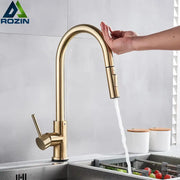 Brushed gold smart touch kitchen faucet with dual outlet modes and a gold-finished rozin pull-down spray head