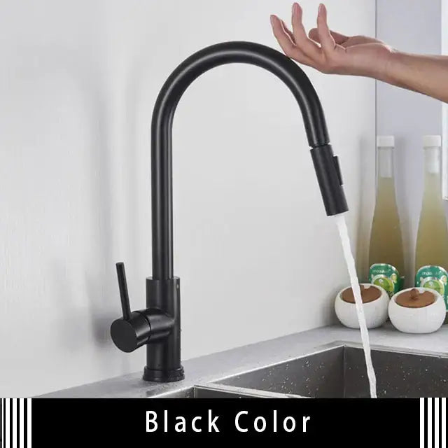 Black matte smart touch kitchen faucet with sleek curved spout and pull-down spray head in brushed gold design