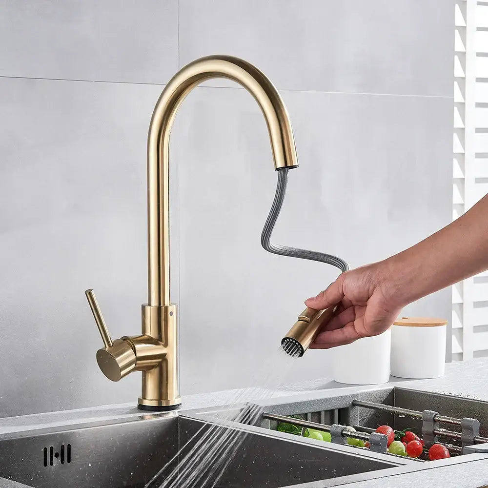 Brass-finished brushed gold smart touch kitchen faucet with sleek curved spout and dual outlet modes for modern use