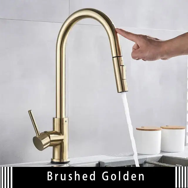 Brushed gold smart touch kitchen faucet with dual outlet modes, sleek arched spout, and pull-down spray head