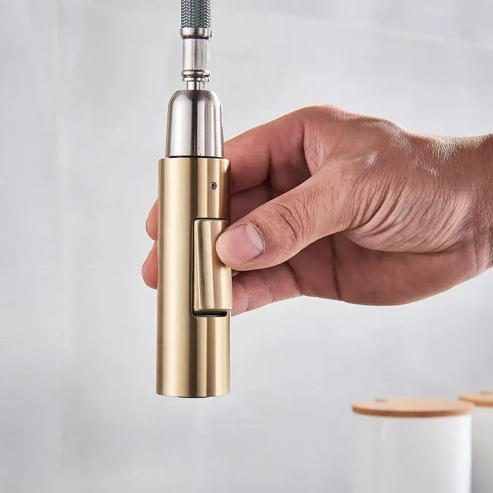 Brushed gold smart touch kitchen faucet with dual outlet modes featuring a sleek gold-toned brushed metal finish