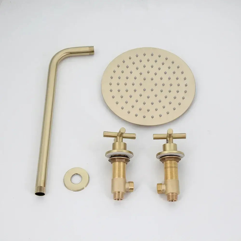 Brushed gold shower faucet set in brass with round rainhead, two cross-handle faucets, and arched hose for bathroom use