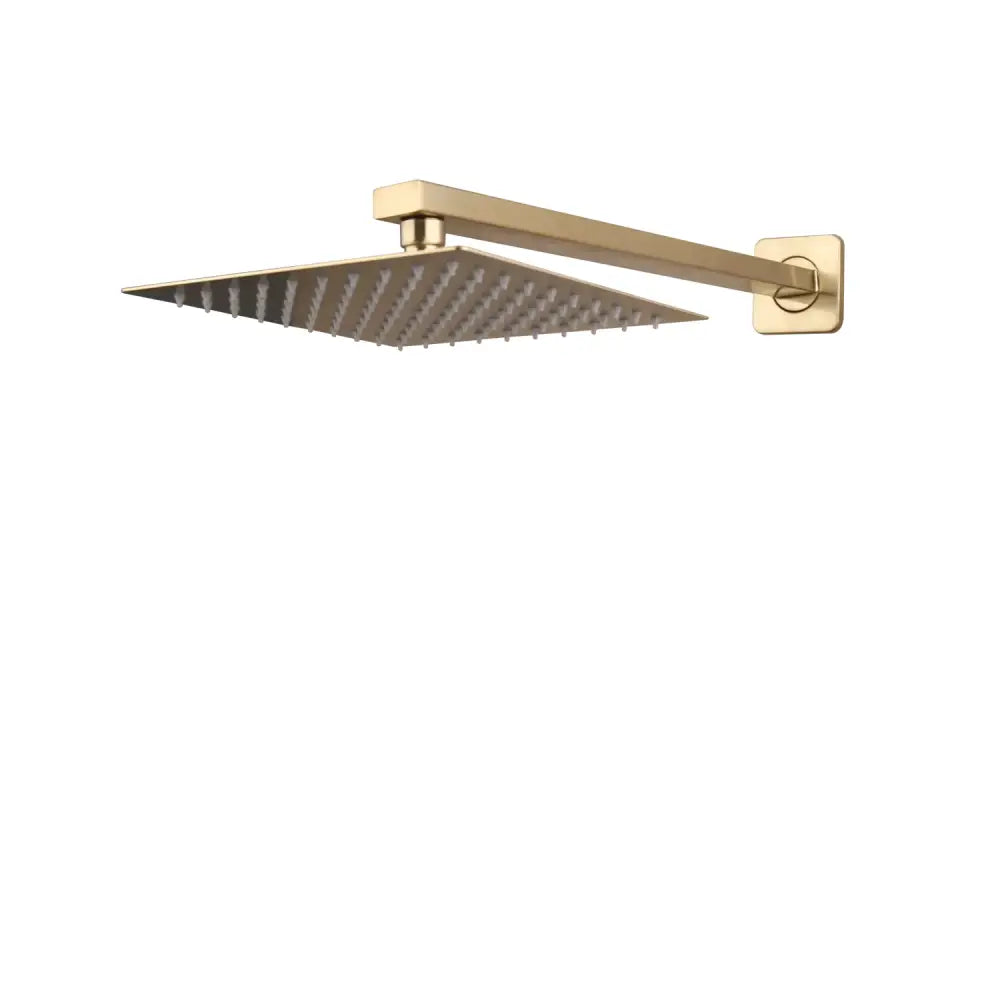 Brushed gold square rainfall shower faucet set with cross handles and a gold-toned shower faucet featuring multiple nozzles