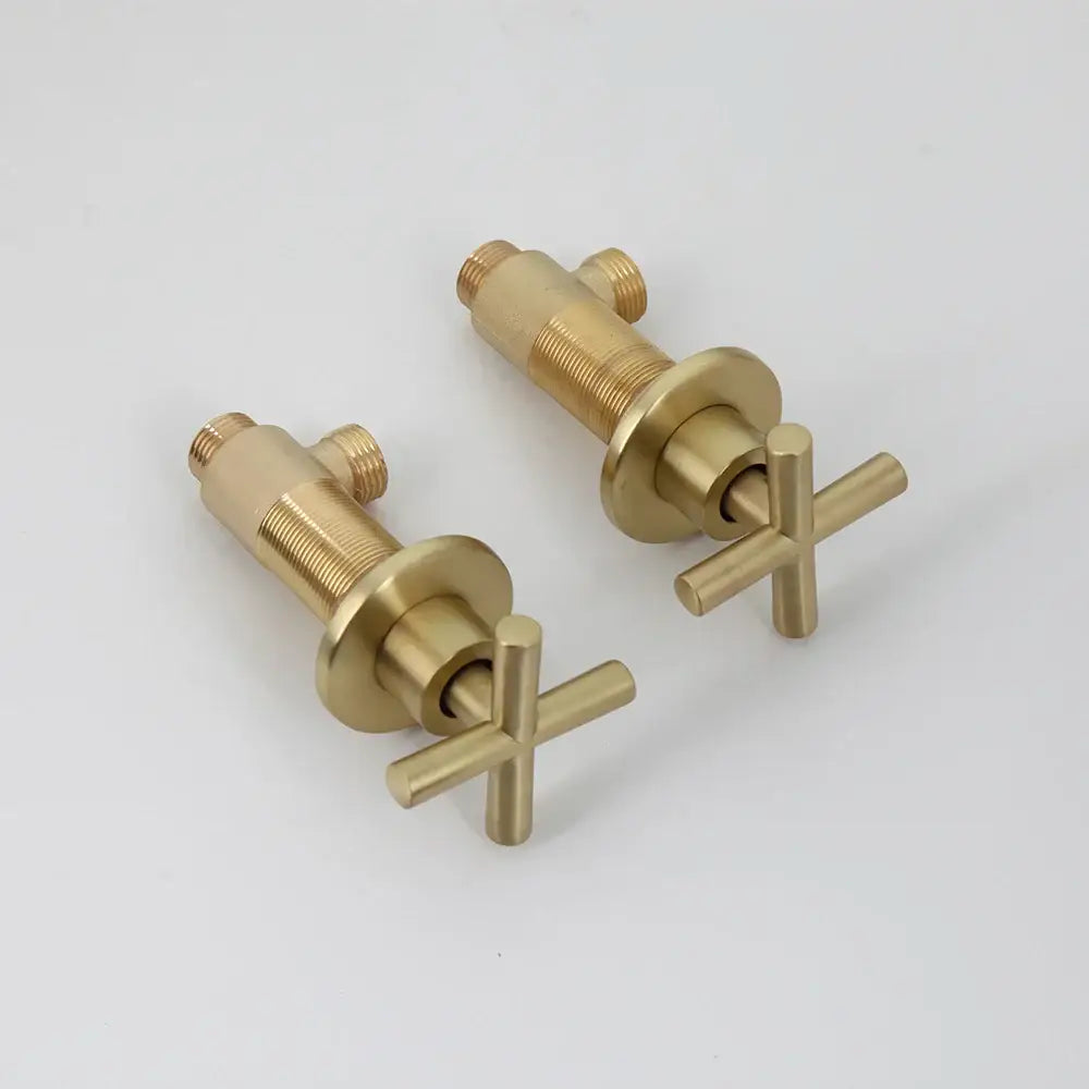 Pair of brass-finished cross-handle bathroom faucets with threaded connections for brushed gold shower faucet set