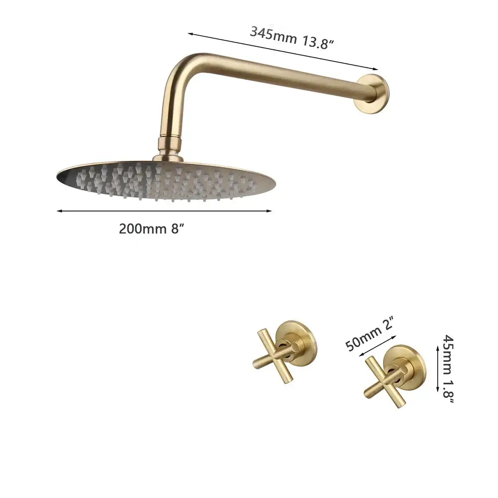 Brushed gold round rainfall shower faucet set with brass finish and matching cross-handle faucets for bathroom use