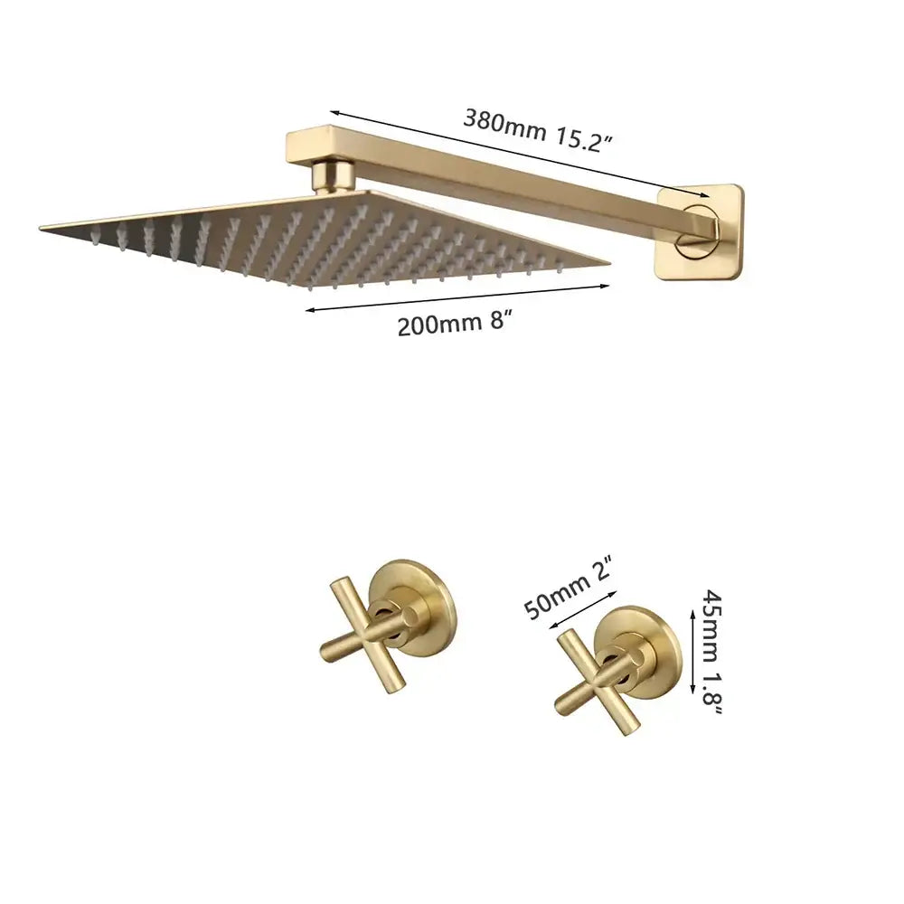 Brushed gold square rainfall shower faucet set with gold-finished showerhead and cross-shaped handles for modern bathrooms