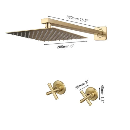 Brushed gold square rainfall shower faucet set with gold-finished showerhead and cross-shaped handles for modern bathrooms