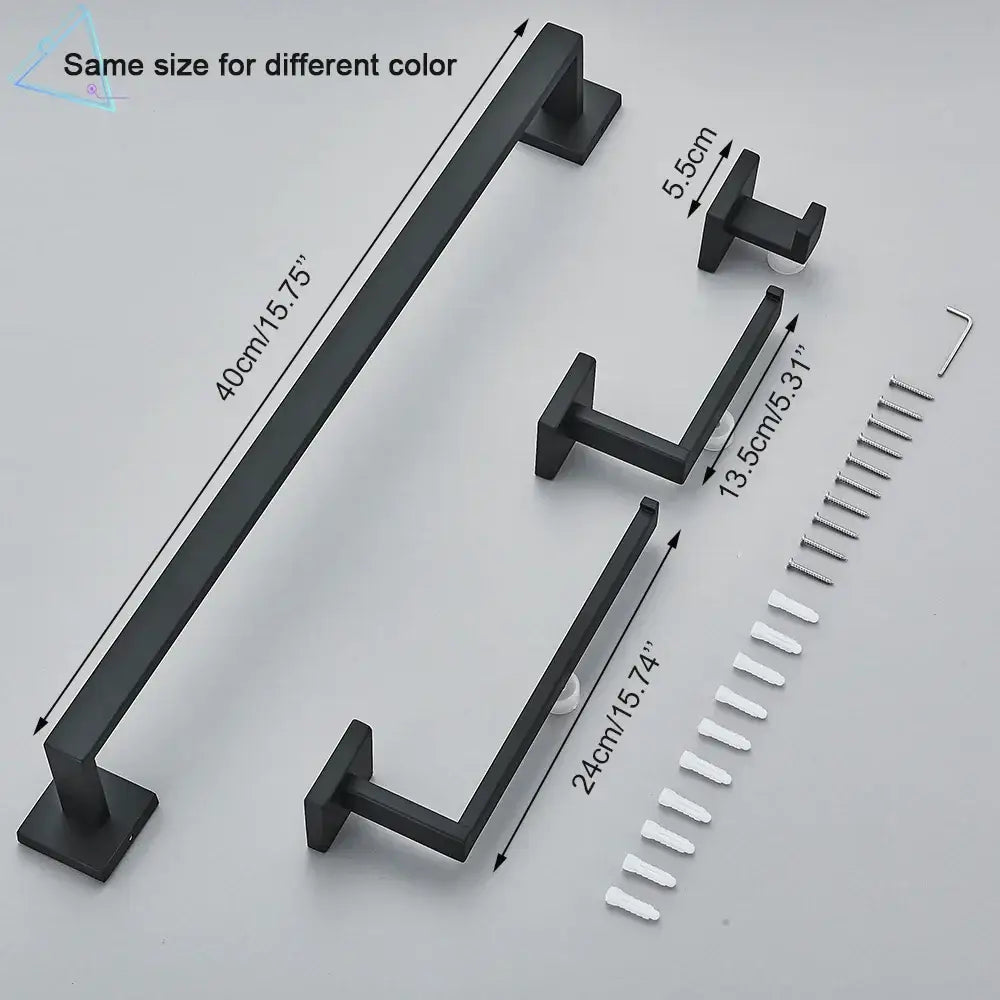 Black matte metal towel rack set with matching hooks and hardware designed for bathroom accessories set use