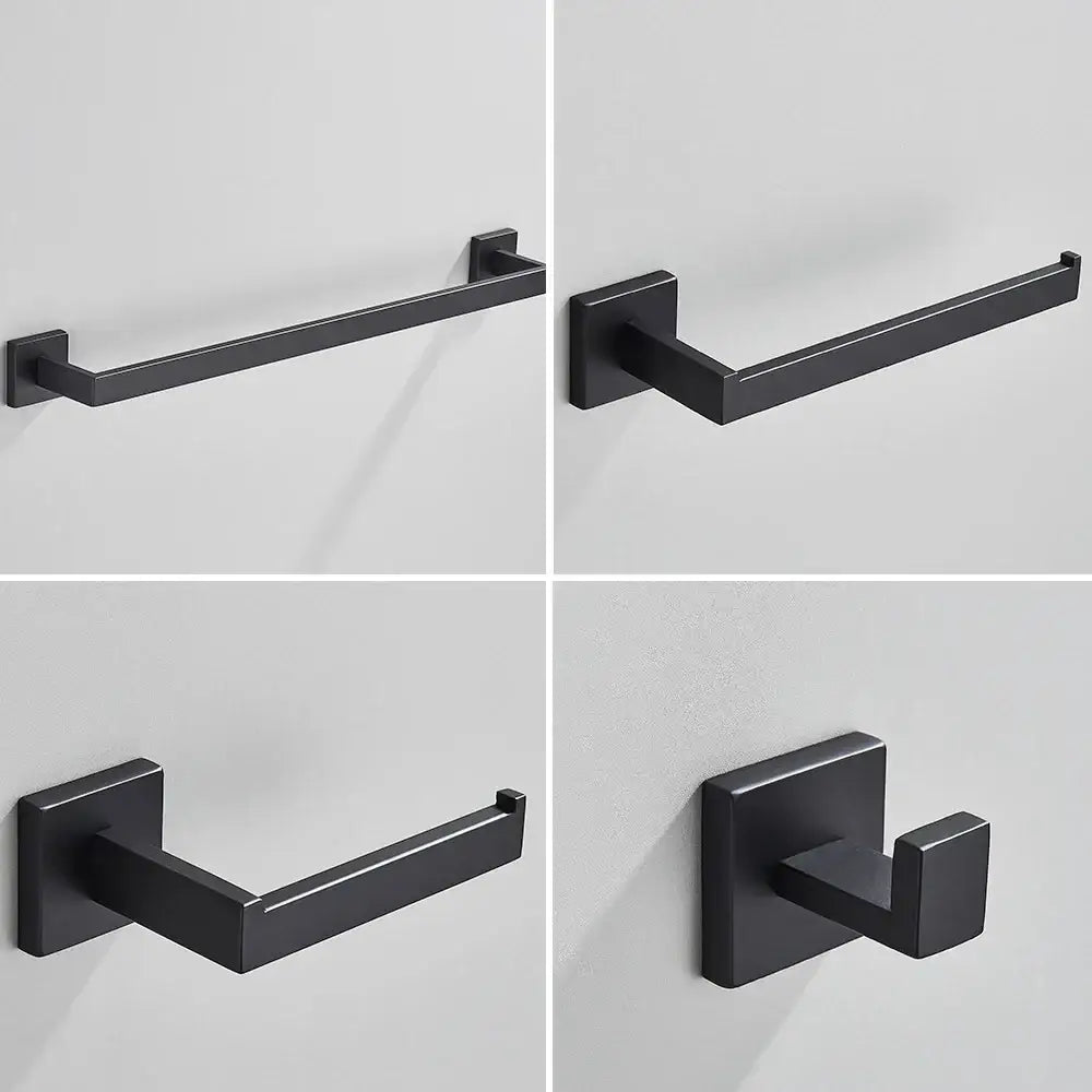 Brushed gold bathroom accessories set featuring black matte stainless steel towel bar toilet paper holder and hook