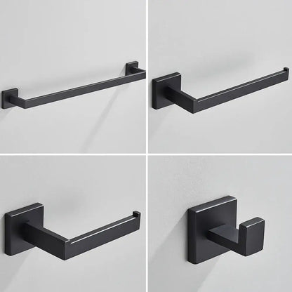 Brushed gold bathroom accessories set featuring black matte stainless steel towel bar toilet paper holder and hook