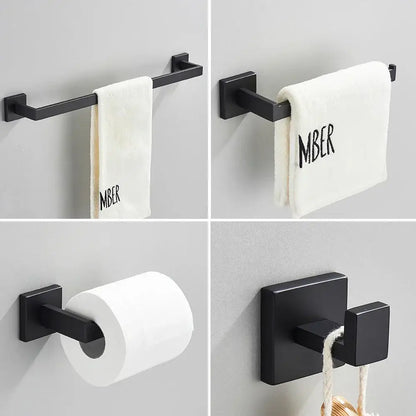 Black matte bathroom accessories set featuring towel bars toilet paper holder and hooks for brushed gold stainless steel decor