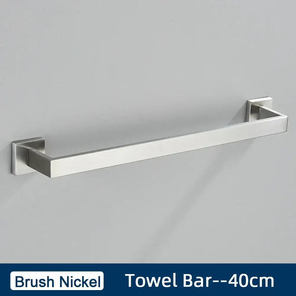 Brushed gold stainless steel bathroom accessories set featuring a 40cm brushed nickel towel bar with sleek rectangular design
