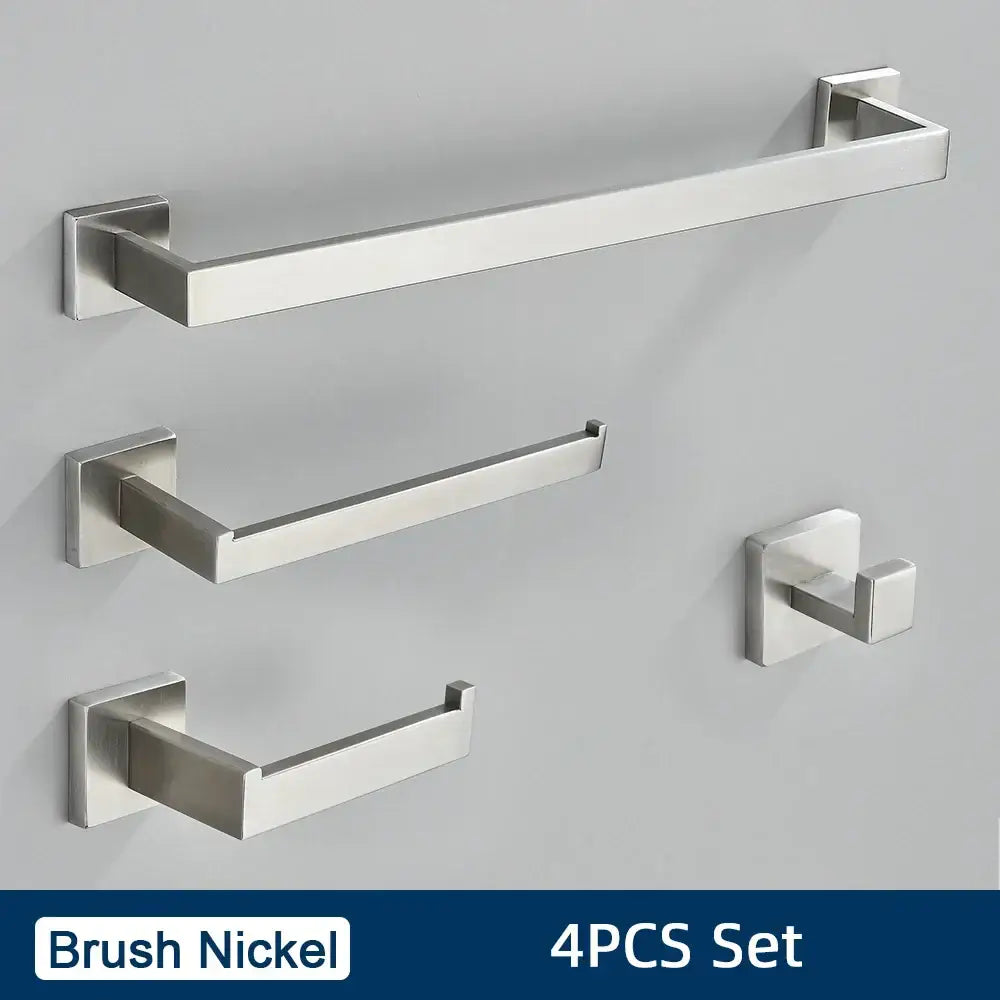 Brushed gold stainless steel bathroom accessories set with sleek modern design featuring three towel bars and one hook