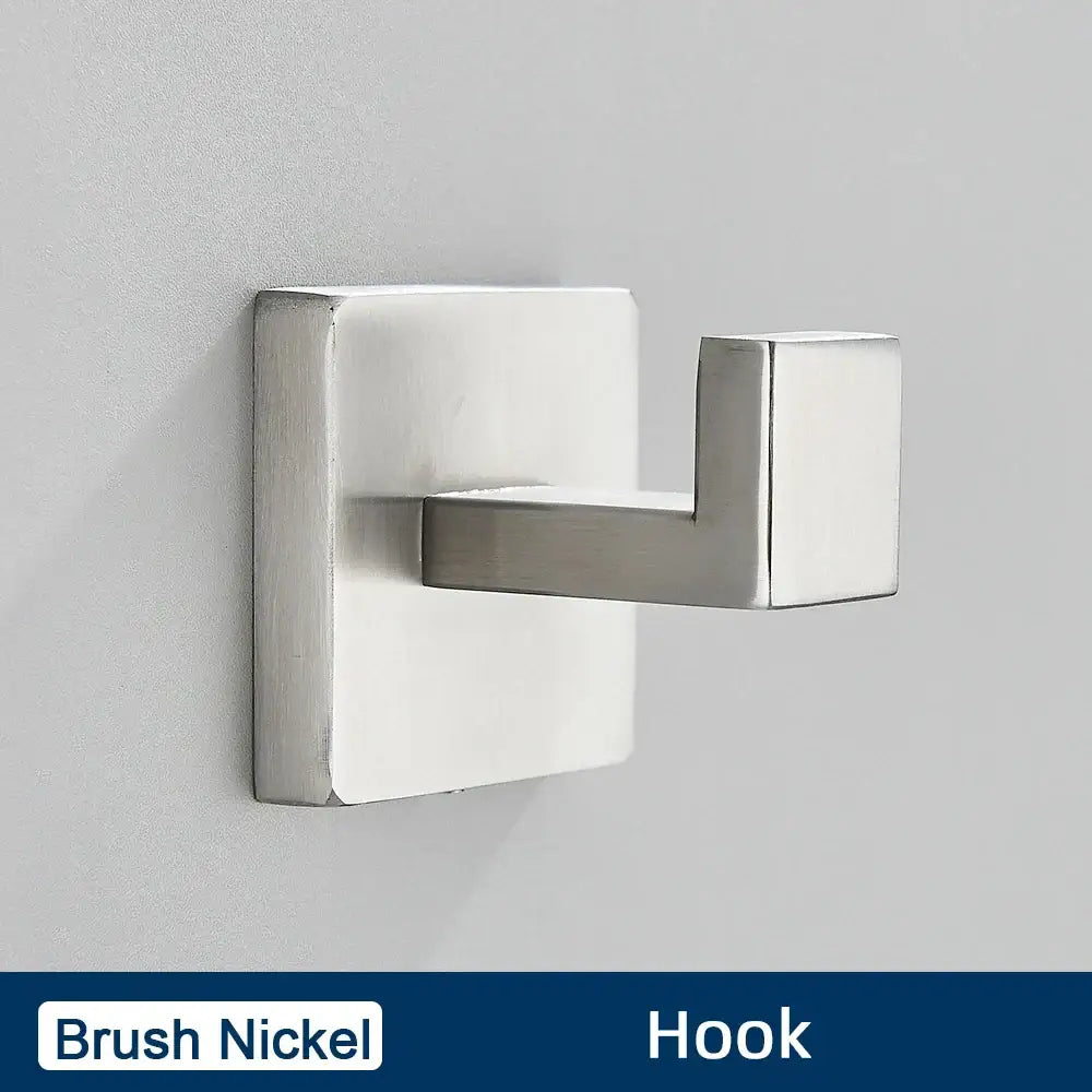 Brushed gold stainless steel bathroom accessories set featuring a brush nickel square wall hook with modern design