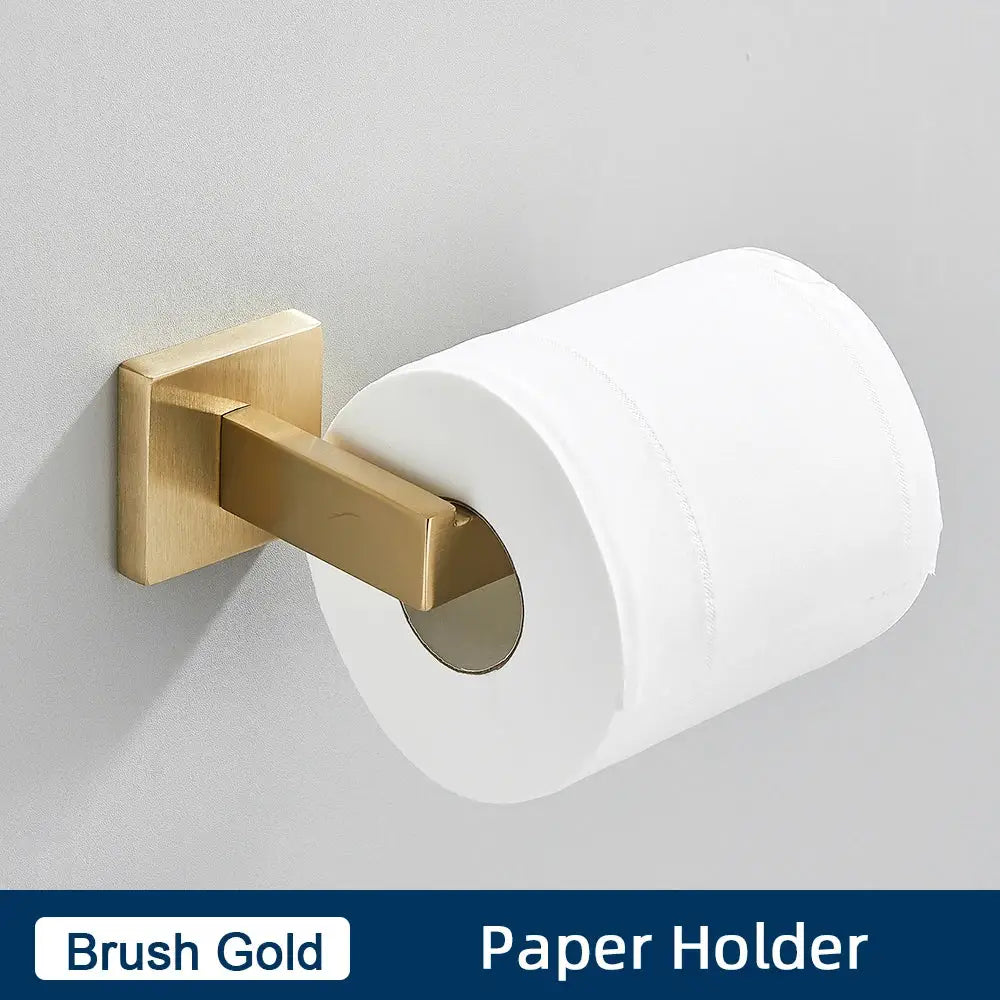 Brushed gold stainless steel bathroom accessories set featuring a sleek bathroom paper holder with a white roll