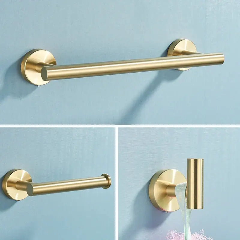 Brushed gold stainless steel bathroom accessories set including towel rack toilet paper holder and soap dish