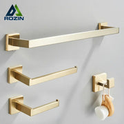 Brushed gold stainless steel bathroom accessories set by Rozin featuring a gold-finished towel rack for bathroom use