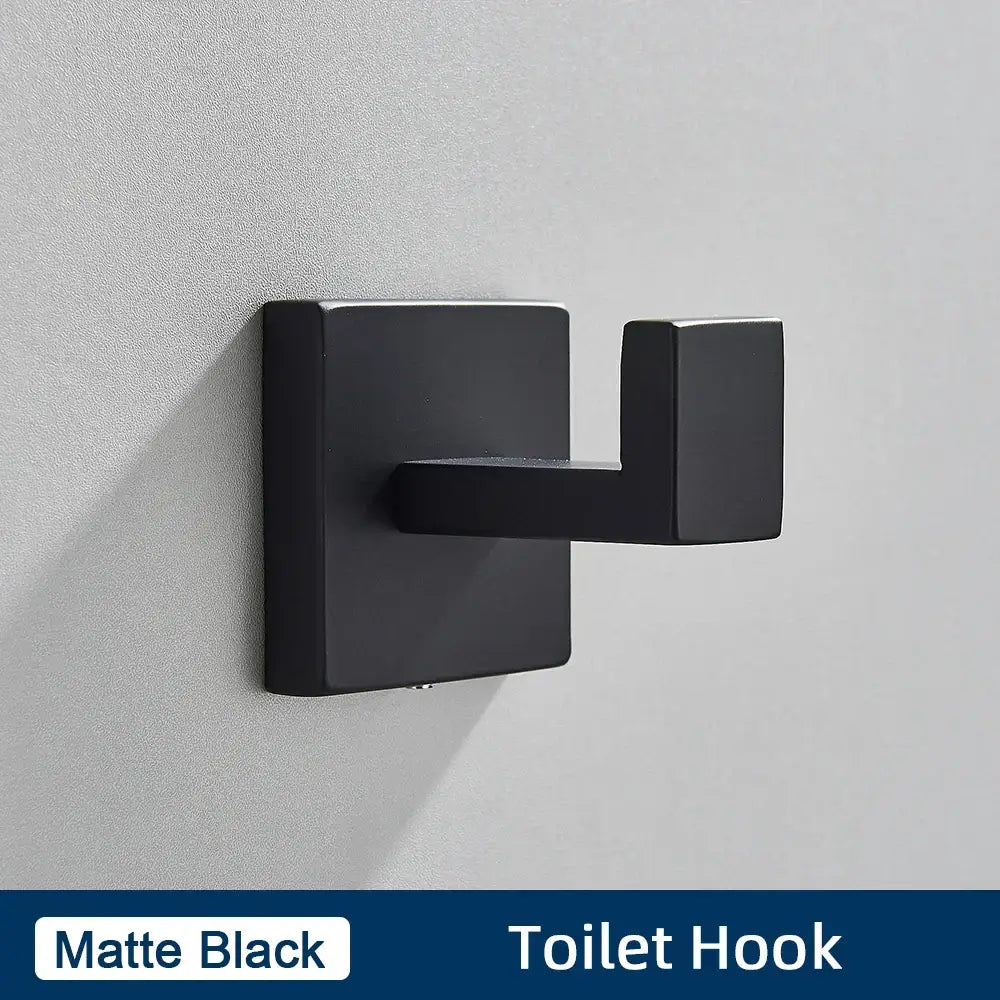 Matte black rectangular toilet hook with modern minimalist design in brushed gold stainless steel bathroom accessories set