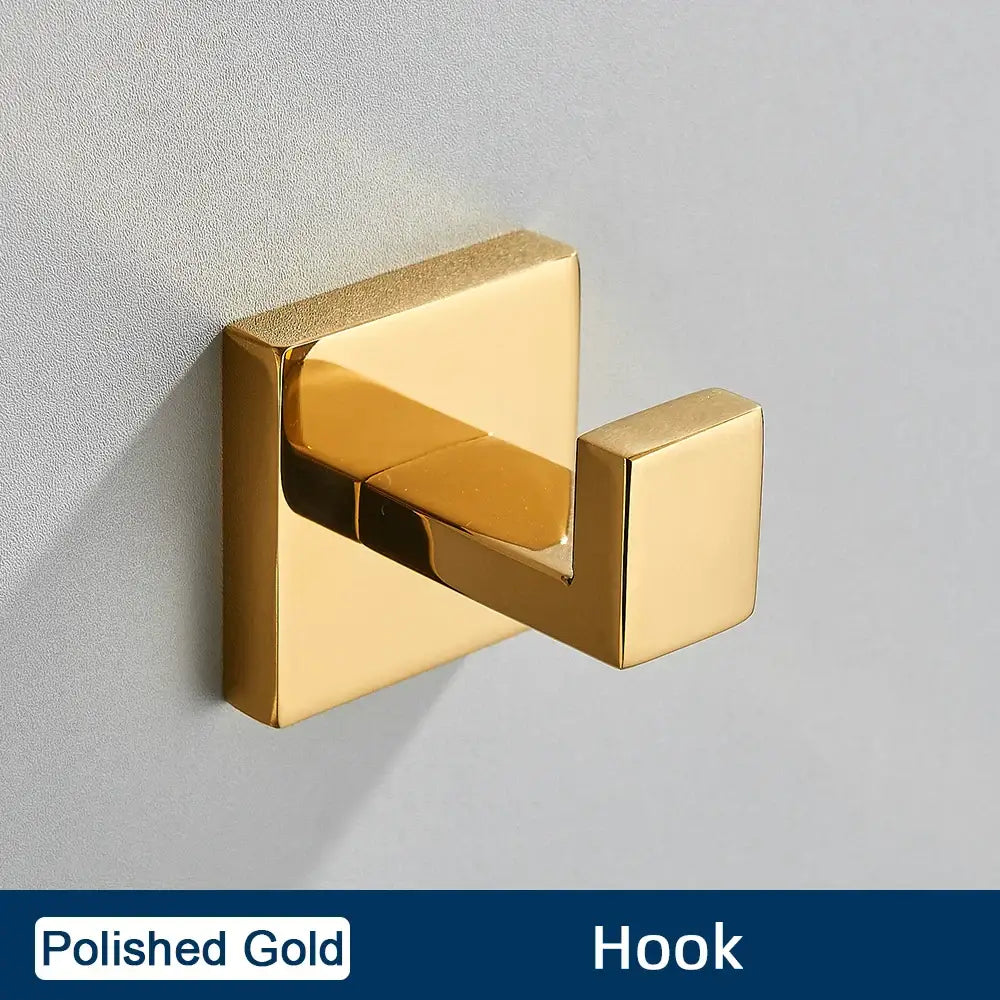 Polished gold square wall hook in brushed gold stainless steel bathroom accessories set with modern design