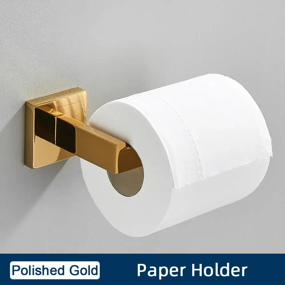 Polished gold toilet paper holder in brushed gold stainless steel bathroom accessories set with modern design