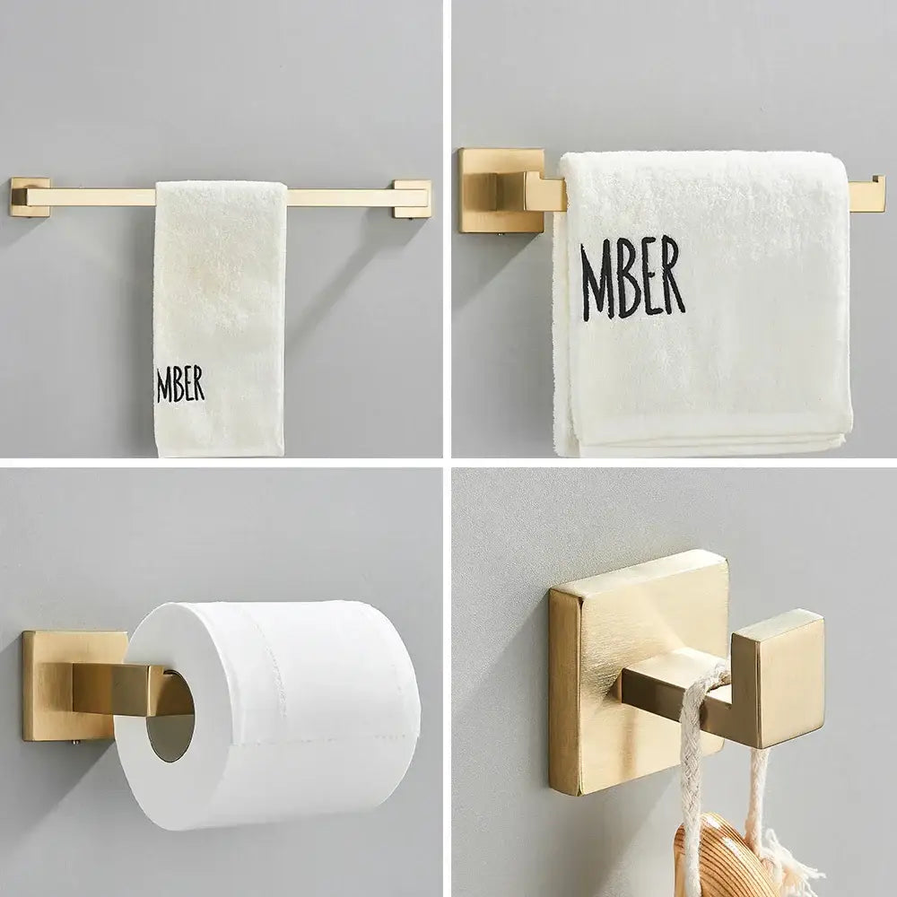 Brushed gold stainless steel bathroom accessories set with gold-toned towel bars, toilet paper holder, and hooks