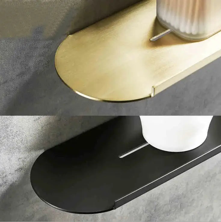 Brushed gold stainless steel bathroom storage rack with mirror front featuring gold and black metal wall-mounted holders