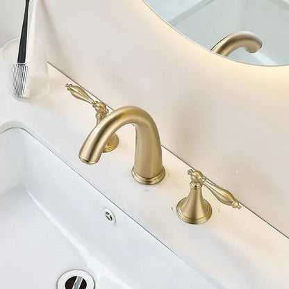 Brushed gold basin faucet with vintage ornate handles and curved spout by decorbites for bathroom sinks