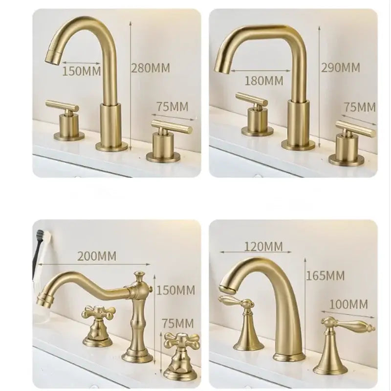 Brushed gold basin faucet sets with varying heights and single cross-handle designs by decorbites for bathroom sinks