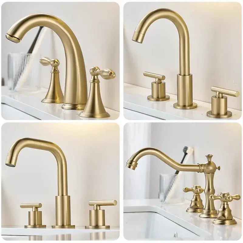 Brushed gold basin faucet with curved spout and two handles featuring a decorbites brushed gold metallic finish