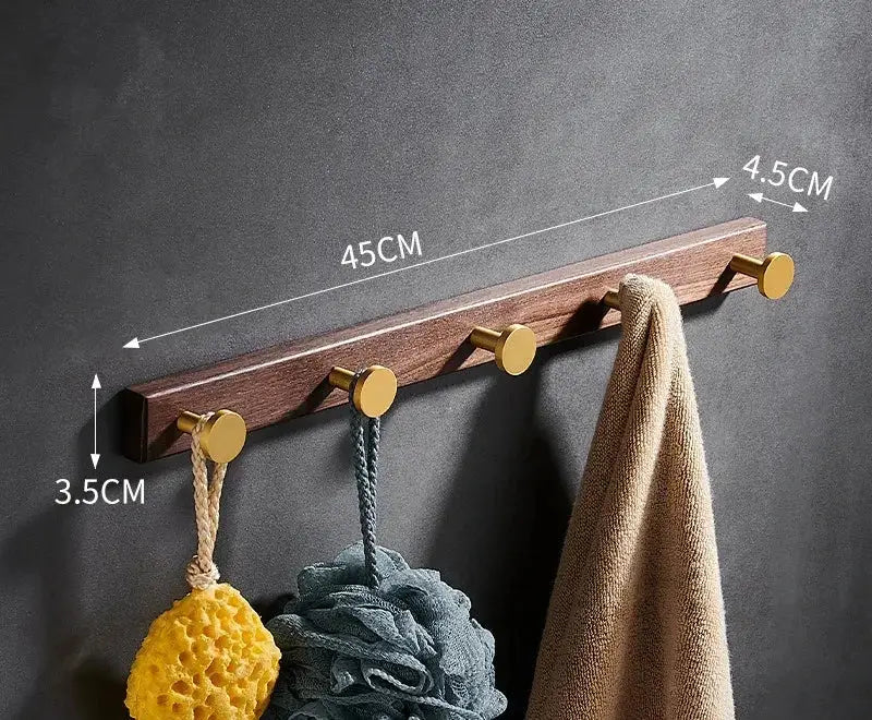 A sleek 45cm wooden robe hook towel hanger with gold-toned hooks and natural finish for bathroom use