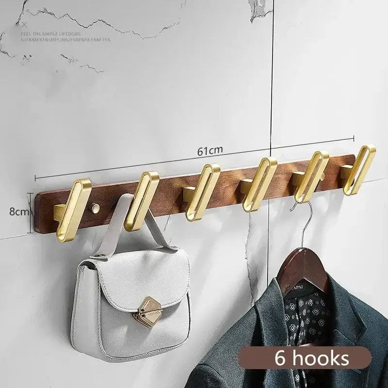 Wooden wall-mounted brushed gold robe hook towel hanger with six metal hooks for bathroom use