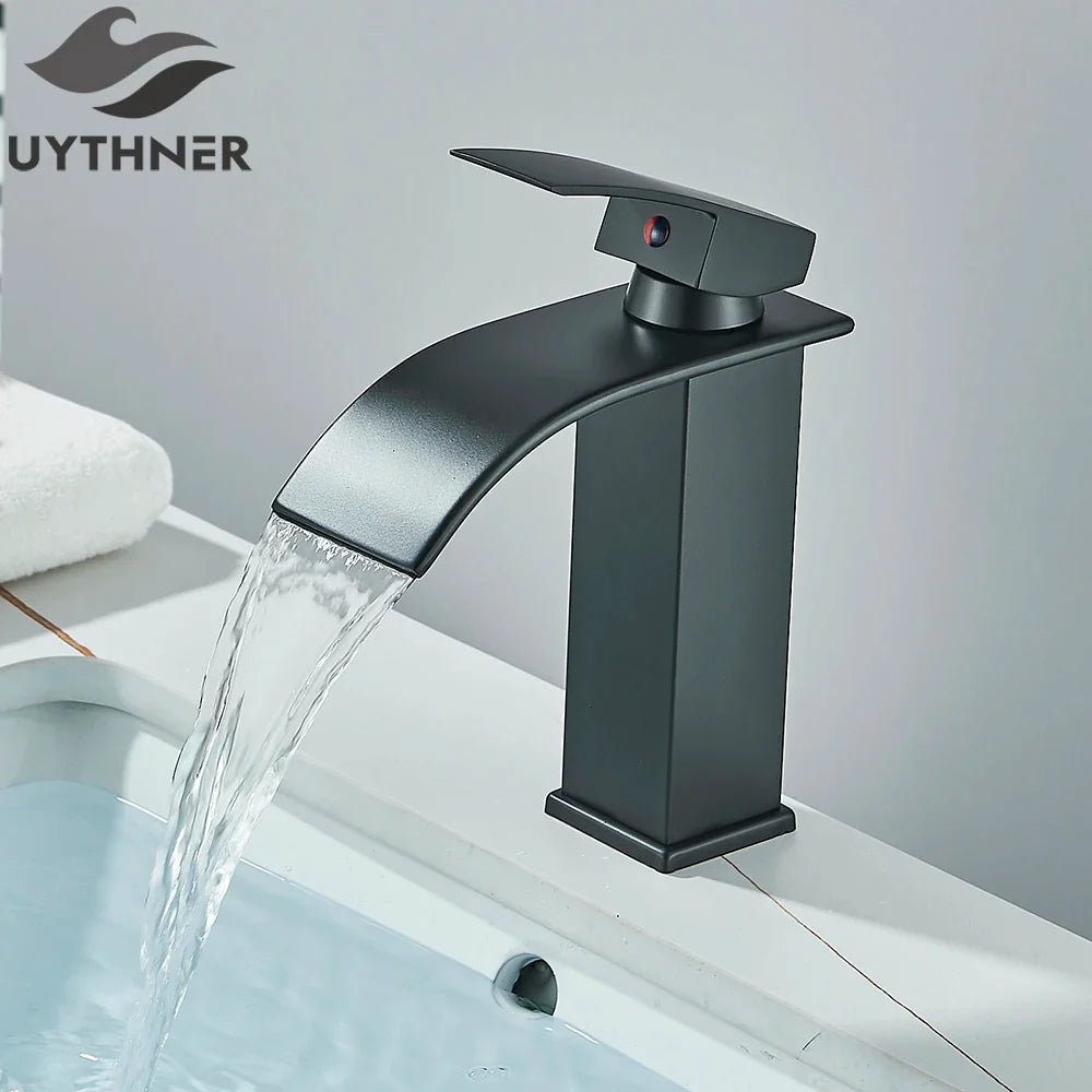 Black matte finish basin faucet single hole waterfall design with single handle control for modern bathroom sinks
