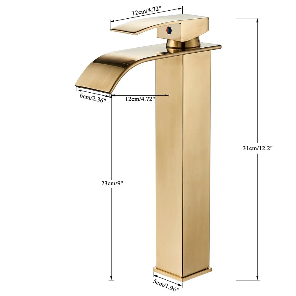 Brushed golden basin faucet single hole deck mount waterfall design with sleek modern brass mixer tap