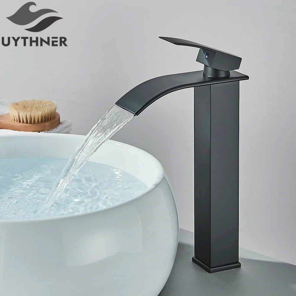 Black matte finish waterfall basin faucet single hole deck mount brass mixer tap with sleek modern design