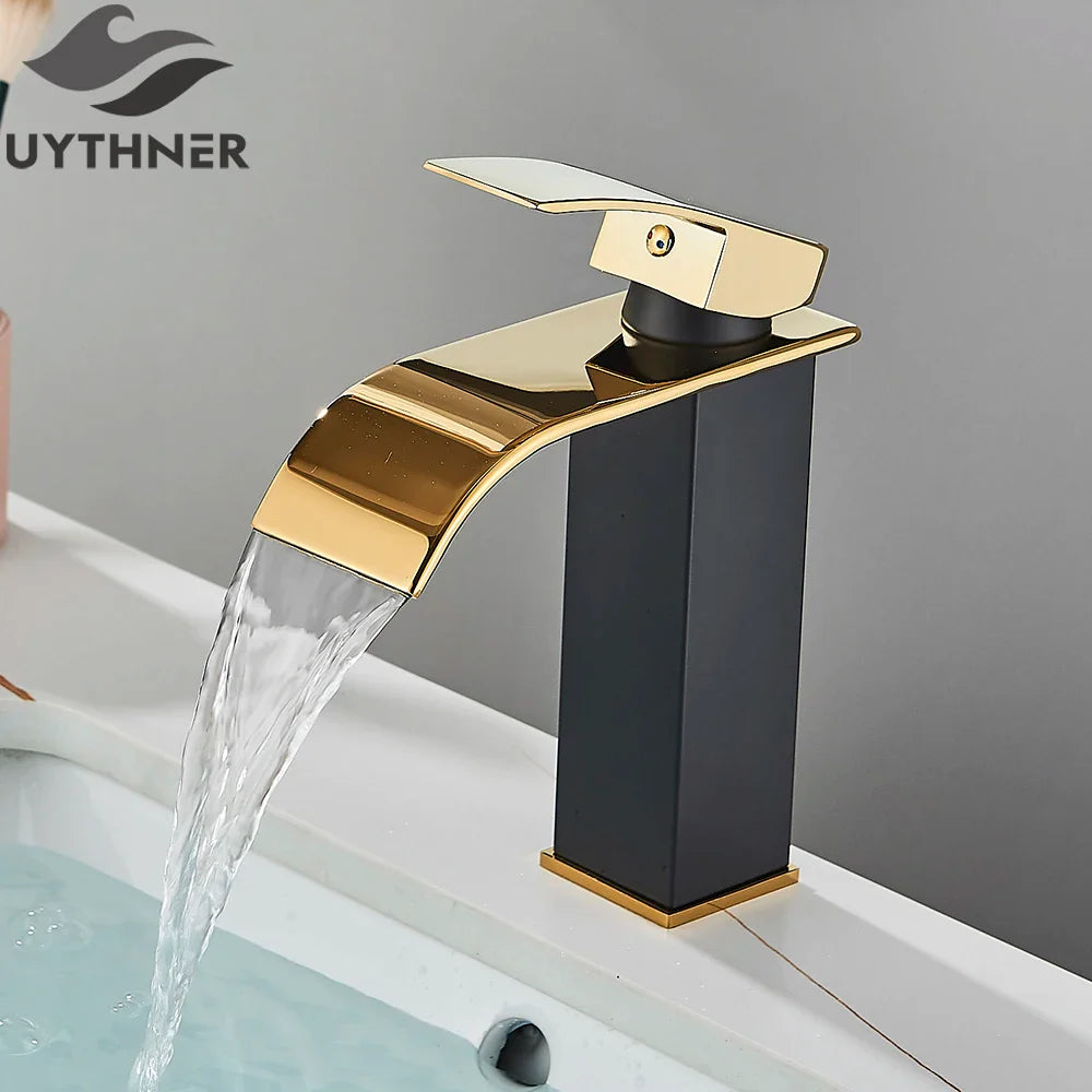 Brushed golden basin faucet single hole waterfall design with black accents modern brass mixer tap for bathroom