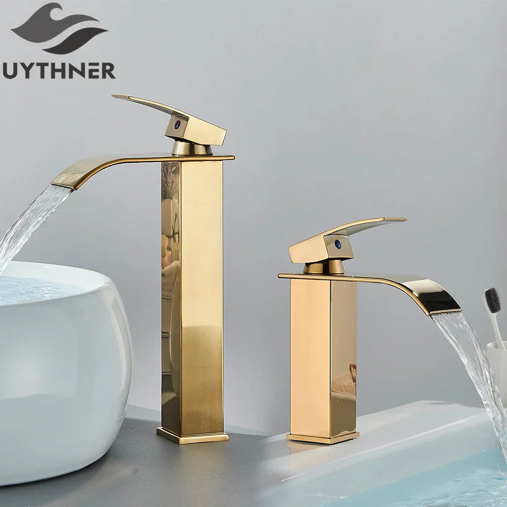 Brushed golden basin faucet single hole deck mount with elegant waterfall design and polished brass mixer tap
