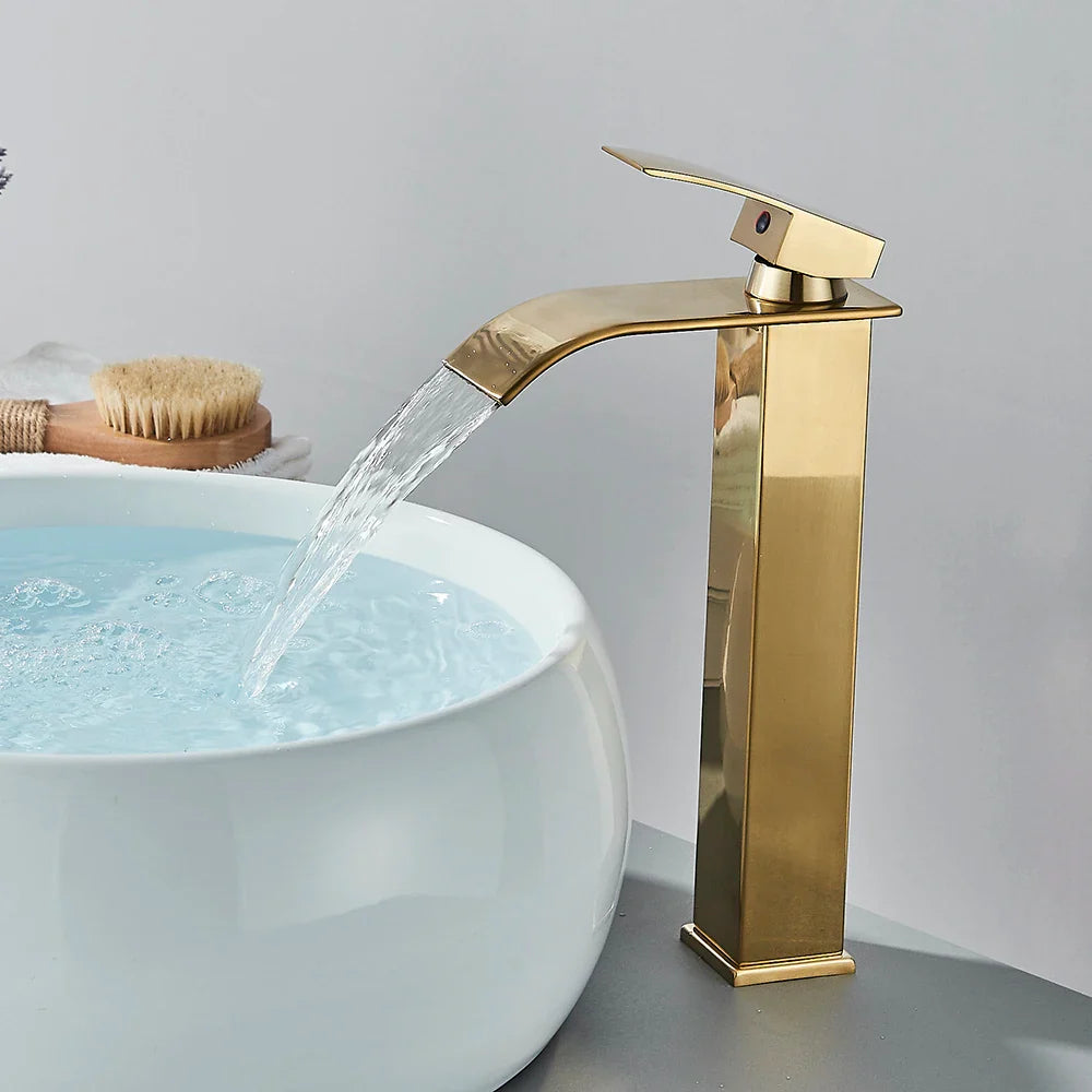 Brushed golden basin faucets single hole waterfall bathroom sink faucet with brass mixer taps and brushed finish