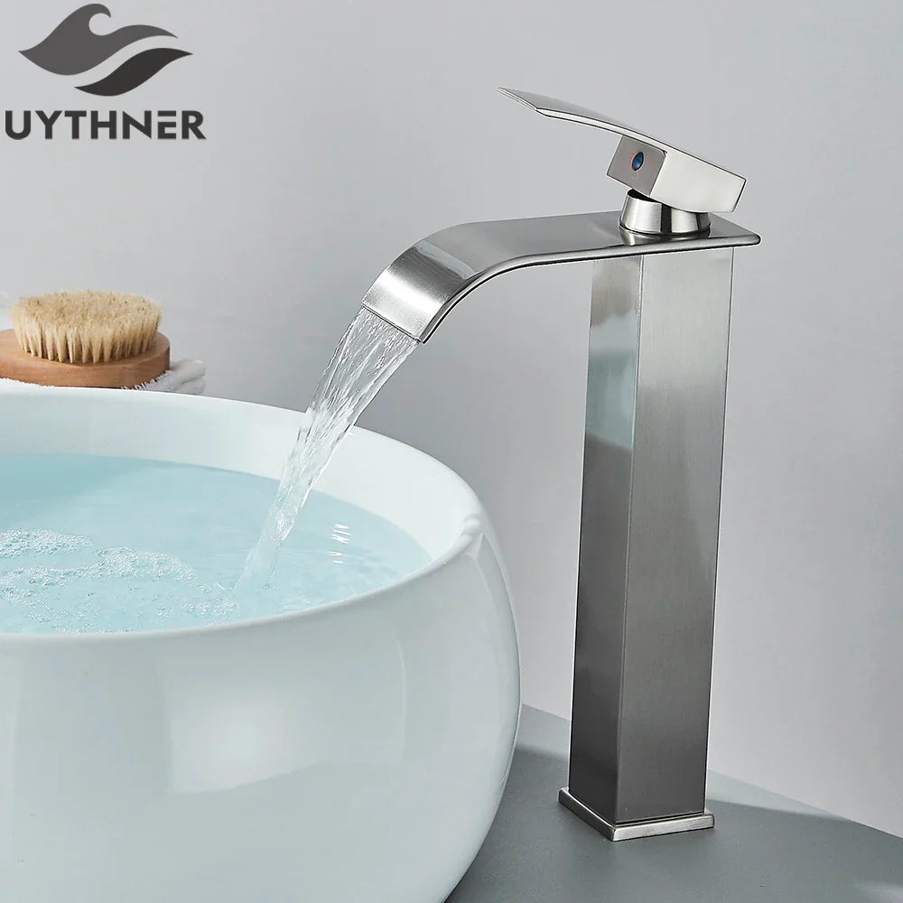 Brushed golden basin faucet single hole waterfall design stainless steel with sleek modern brushed finish for bathroom sink