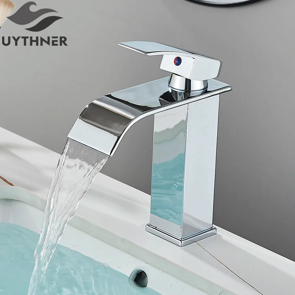 Brushed golden basin faucet with chrome-finished waterfall spout single hole deck mount brass mixer tap with red dot indicator